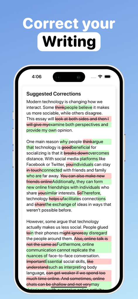 IELTS－Speaking・Writing・Reading - IELTSライティング課題のエッセイに対するAI駆動の添削とフィードバックを表示するスマートフォン。