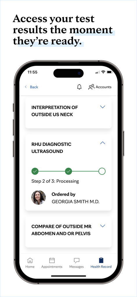Mayo Clinic - The Mayo Clinic mobile app showing a patient health record screen with the status of a diagnostic ultrasound test results.