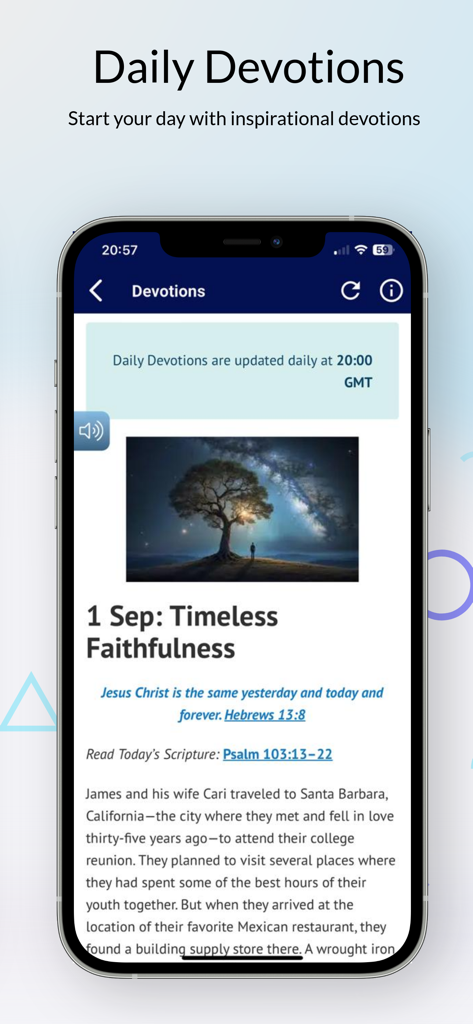 Bible NIV: with study tools - Pantalla de Devocionales Diarios en la aplicación Biblia NIV, que muestra historias inspiradoras y escrituras