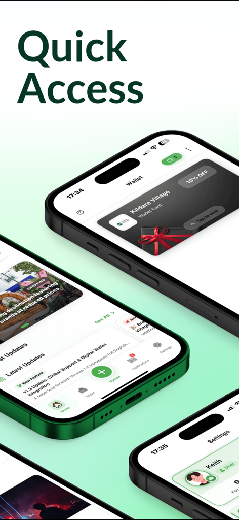 Interfaz de la aplicación móvil Infofinder Ireland mostrando funciones de acceso rápido e integración de billetera digital