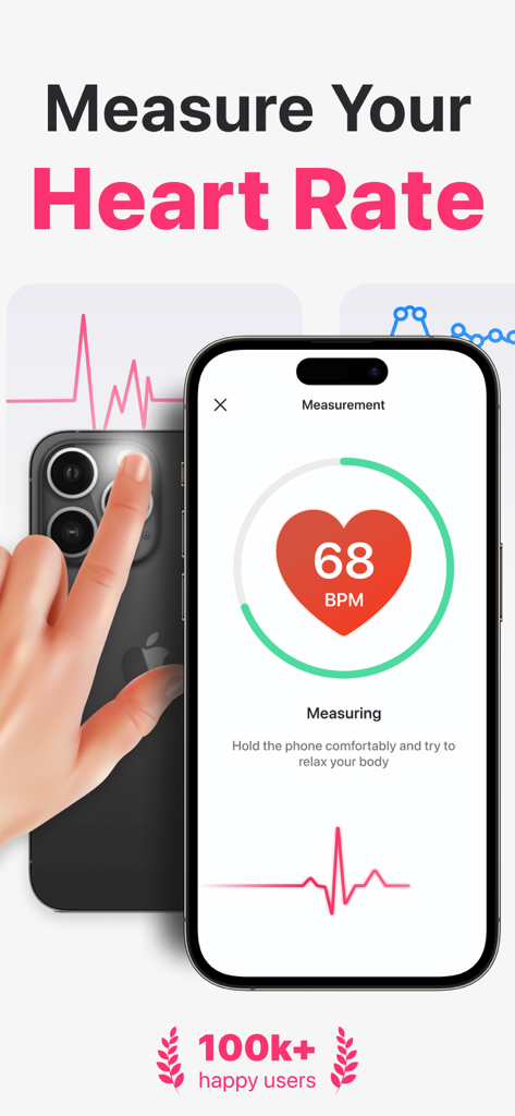 A person measuring their heart rate with the MyPulse app by placing a finger on the iPhone camera lens