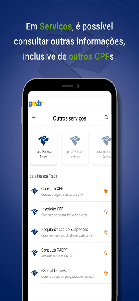 Receita Federal app interface showing options for CPF query and eSocial management for domestic workers.