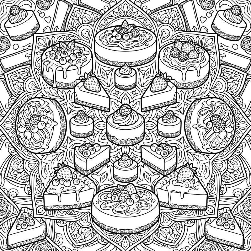 Dive into a delicious world with our Cheesecake Mandala coloring page. This intricate design combines your favorite sweet treats with the calming symmetry of a mandala.