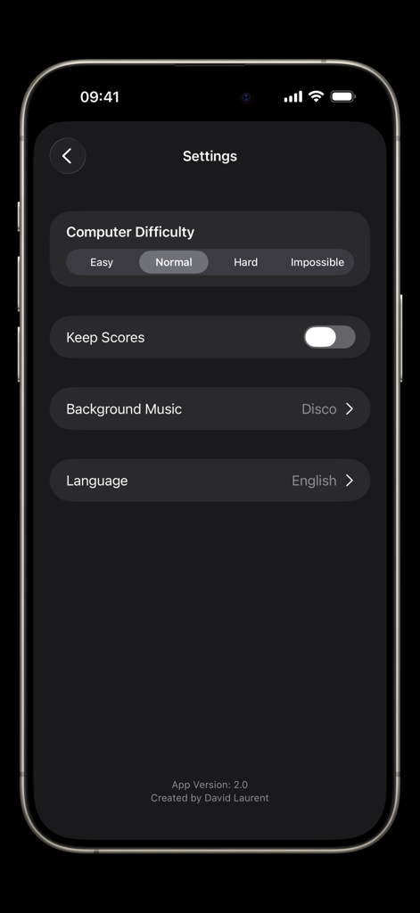 Settings screen of the Tic Tac Toe app showing difficulty levels and game options