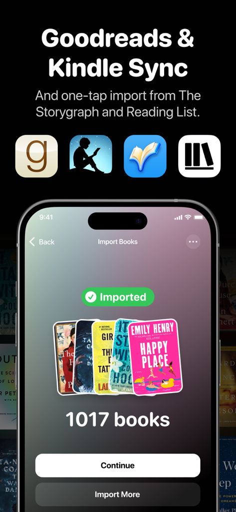 Bookshelf app screen showing successful import of 1017 books from Goodreads and Kindle