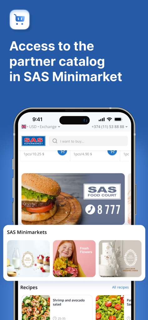 SAS Supermarket - SAS Supermarket app screen showing food court and minimarket catalog options