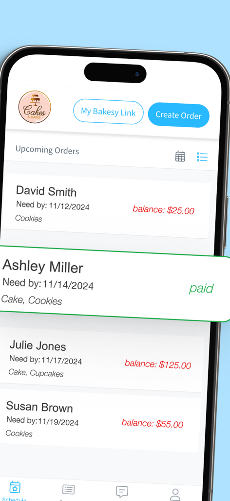 Interface de l'application mobile Bakesy affichant une liste des commandes à venir de la boulangerie avec les noms des clients, les dates d'échéance et les statuts de paiement.