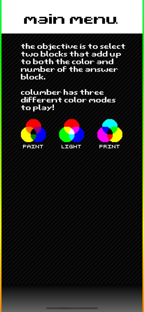 Columber - Pantalla del menú principal de la aplicación Columber que explica las reglas del juego y muestra los modos de color de pintura luz y impresión