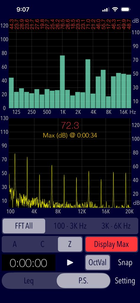 Sound Level Analyzer - Interface d'analyseur de spectre par FFT en temps réel et par bandes de 1/3 d'octave