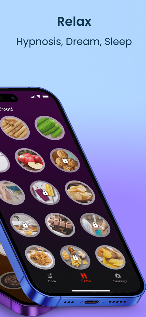 Crunchy - Food White Noise - Interfaz de la aplicación móvil para el ruido blanco de comida Crunchy que presenta varias categorías de sonidos como snacks y verduras para la relajación