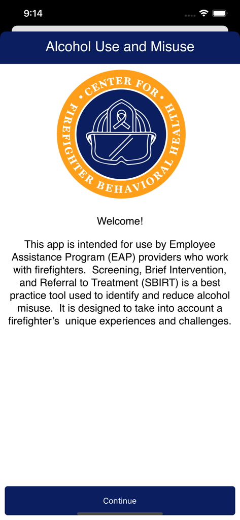 Welcome screen of the Alcohol Use and Misuse app for healthcare providers.