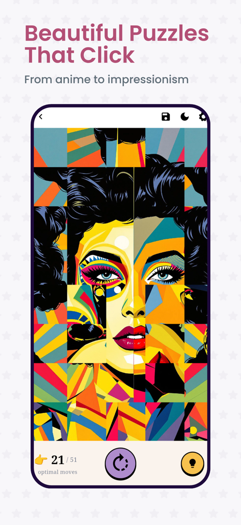 Un colorido retrato de arte pop siendo resuelto en la aplicación móvil Mosaic