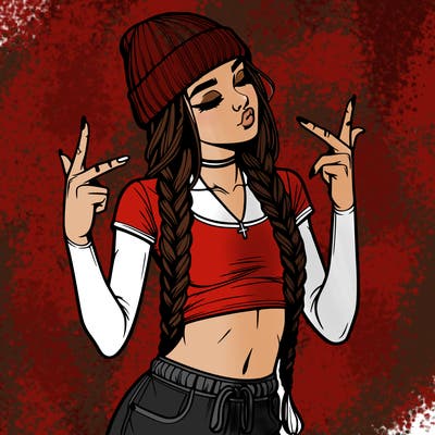 realistic teenage girl with braids and a beanie and crop top doing 🫶🏼