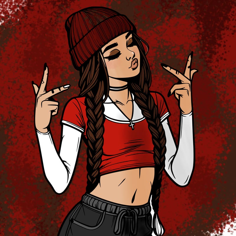 realistic teenage girl with braids and a beanie and crop top doing 🫶🏼