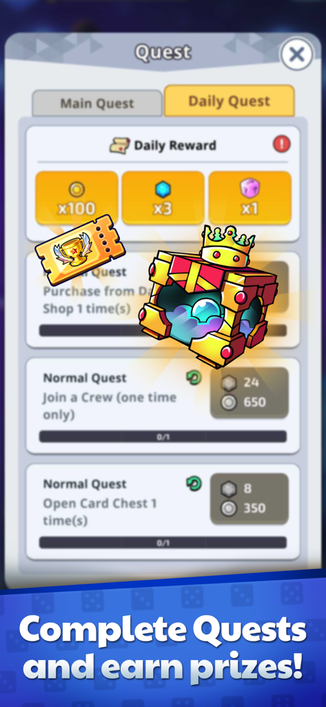 Menú de misiones de Random Dice Defense mostrando recompensas diarias y objetivos de misión para ganar premios