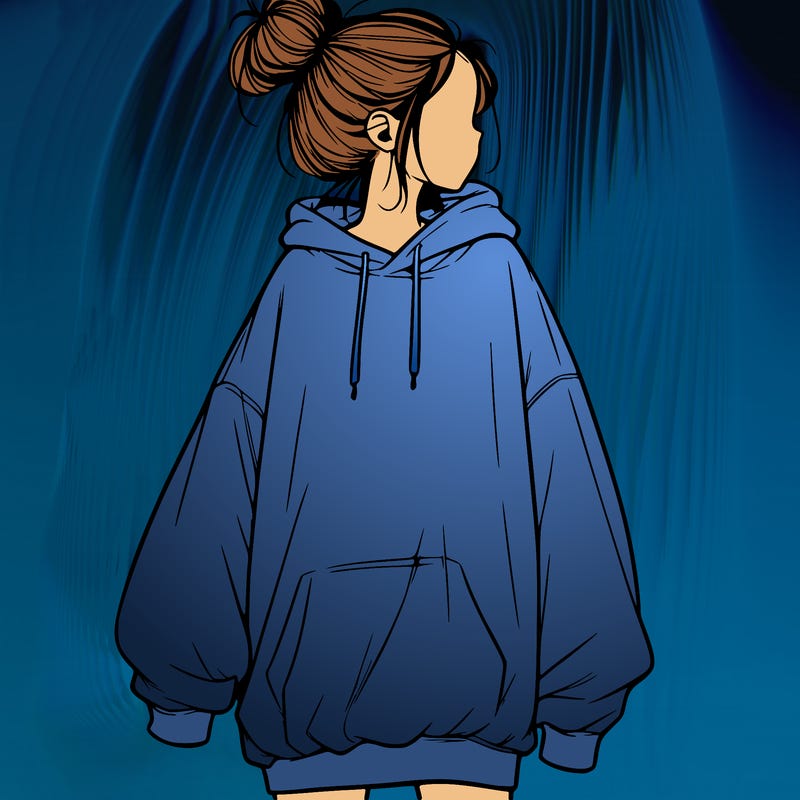 realistic girl with a oversized sweatshirt on and a bun