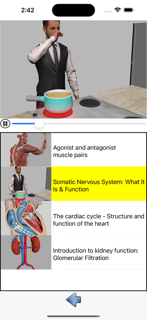 Interface of the Visual Anatomy app showing a list of physiology educational videos including topics on the somatic nervous system and cardiac cycle.
