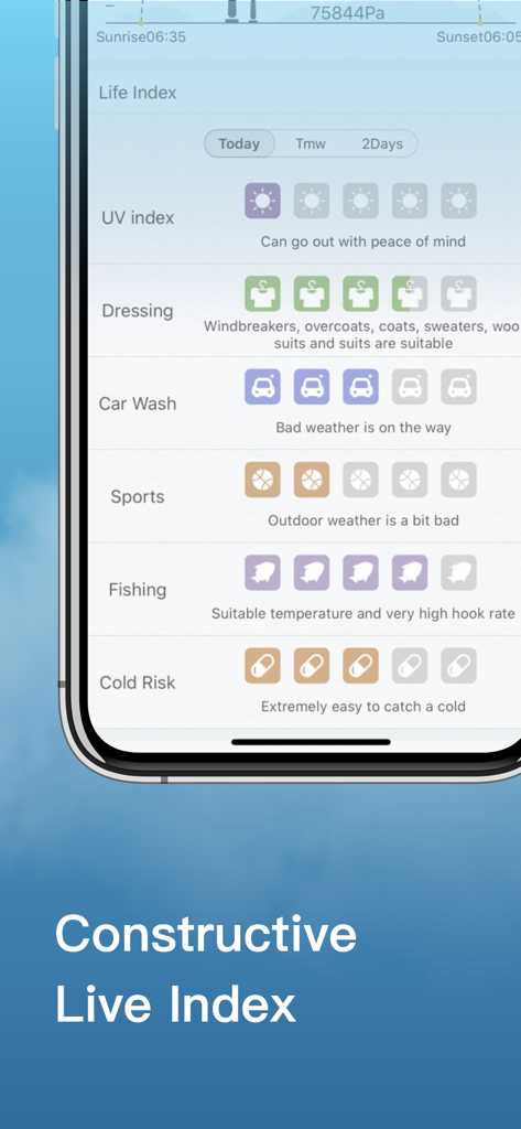 Weather- NOAA Weather Radar - Captura de pantalla de la aplicación NOAA Weather Radar mostrando la función Life Index con sugerencias de actividades basadas en las condiciones meteorológicas actuales