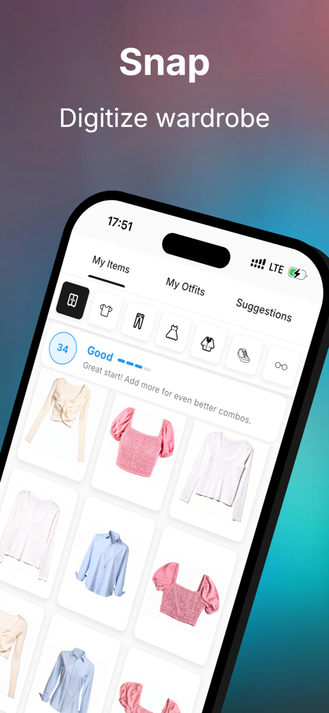 Tela do iPhone mostrando a interface do aplicativo DresMate com uma grade de guarda-roupa digital contendo vários itens de vestuário digitalizados como camisas e blusas.