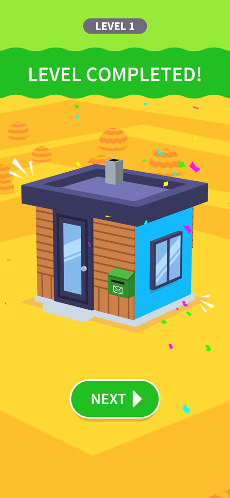 House Paint - Level completed screen in House Paint game featuring a blue and wood-sided house with confetti.