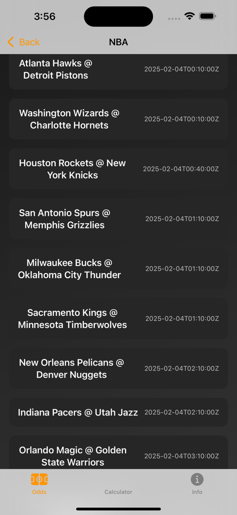 Live Sports Arbitrage - List of upcoming NBA games within the Live Sports Arbitrage app interface showing matchups and start times