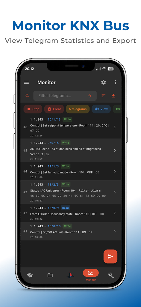 SharKNX - Interfaz de la aplicación móvil SharKNX que muestra registros de telegramas del bus KNX en tiempo real y tráfico de datos decodificado