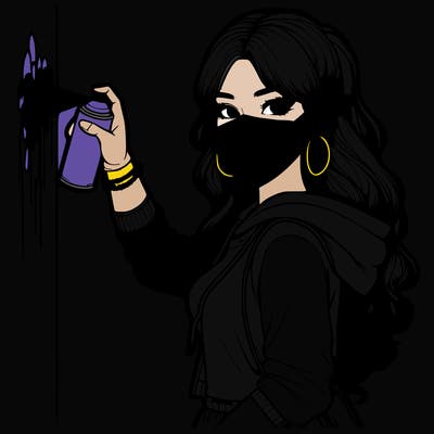 realistic girl with mask spray painting a wall