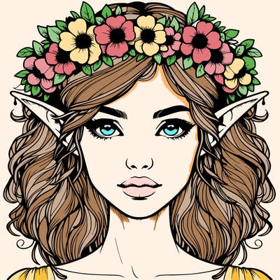realistic female elf with flower crown