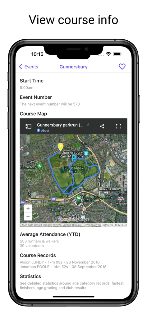 Schermata dell'app mobile che mostra la mappa del percorso parkrun di Gunnersbury e le statistiche dell'evento.