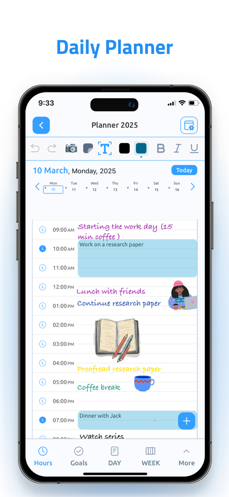 Digital Planner & Calendar Pro - A daily schedule screen in the Digital Planner app featuring handwritten notes and colorful digital stickers on an iPhone.