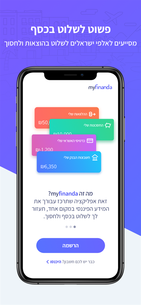 פשוט לשלוט בכסף - MyFinanda - Smartphone displaying the MyFinanda app dashboard with colorful cards in Hebrew for tracking bank accounts credit cards savings and loans.