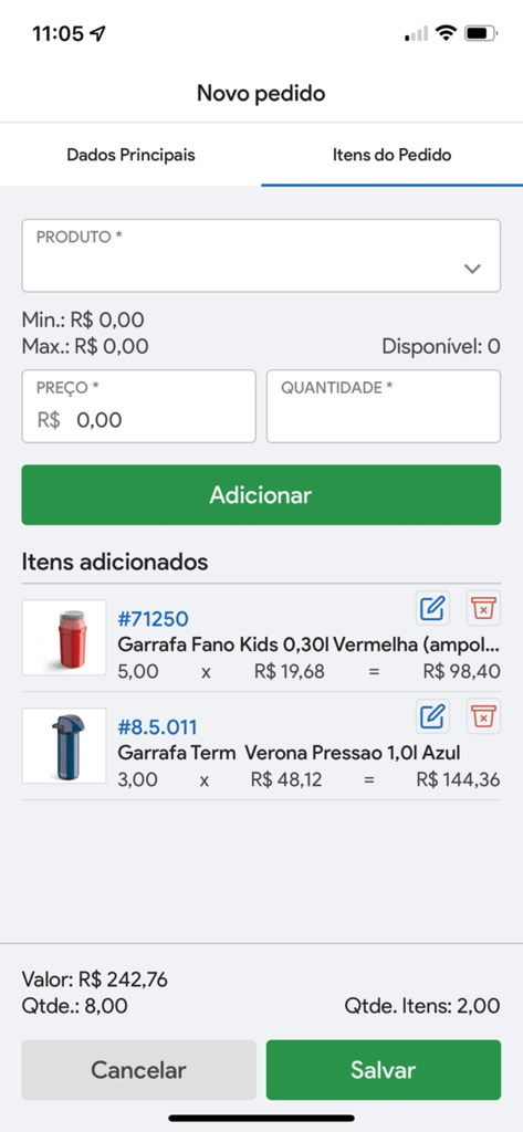 Senha Mobile - Interfaz de pedido de ventas en la aplicación Senha Mobile que muestra la selección de productos y la lista de artículos del pedido.