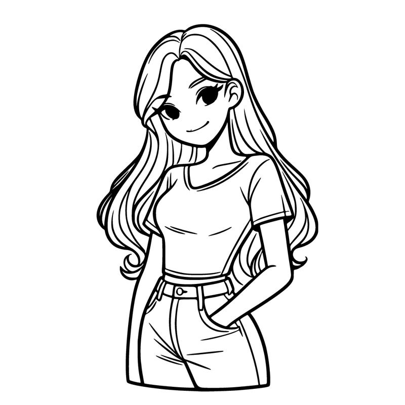 woman with long hair and shirt and jeans