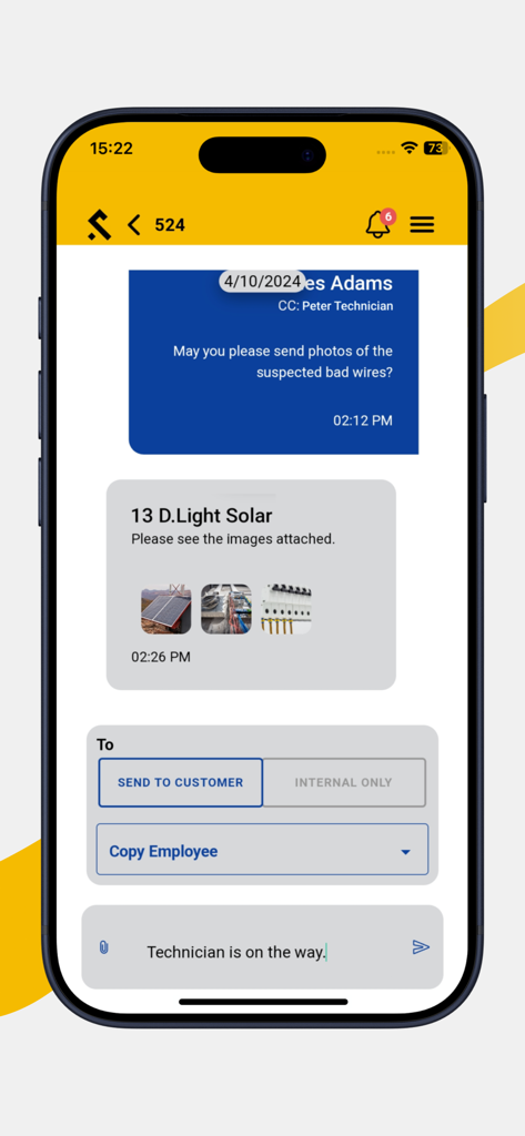 Mobile messaging interface of Shepherd CMMS app showing a conversation between a technician and a customer with attached photos of solar equipment