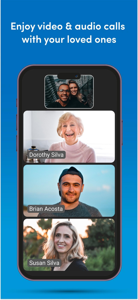 GrandPad - A screenshot of the GrandPad mobile app showing a multi-user video call between four family members of different generations.