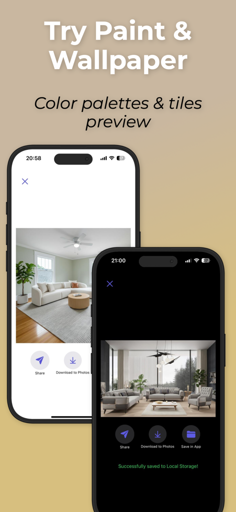 Remodel AI: Room Planner - Interface do aplicativo mostrando prévias de design de sala com opções para experimentar tintas e papéis de parede.