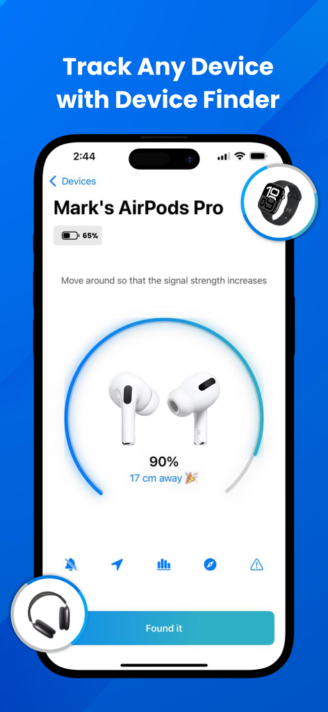 Spot Bluetooth Finder - Visuelle Radar-Oberfläche der Spot Bluetooth Finder App, die verlorene AirPods Pro verfolgt.