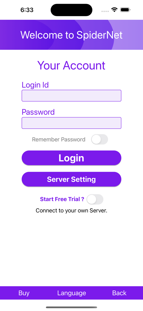 SpiderNet Online ERP System - Écran de connexion pour SpiderNet Online ERP System avec des champs pour l'identifiant de connexion et le mot de passe et un bouton pour les paramètres du serveur.