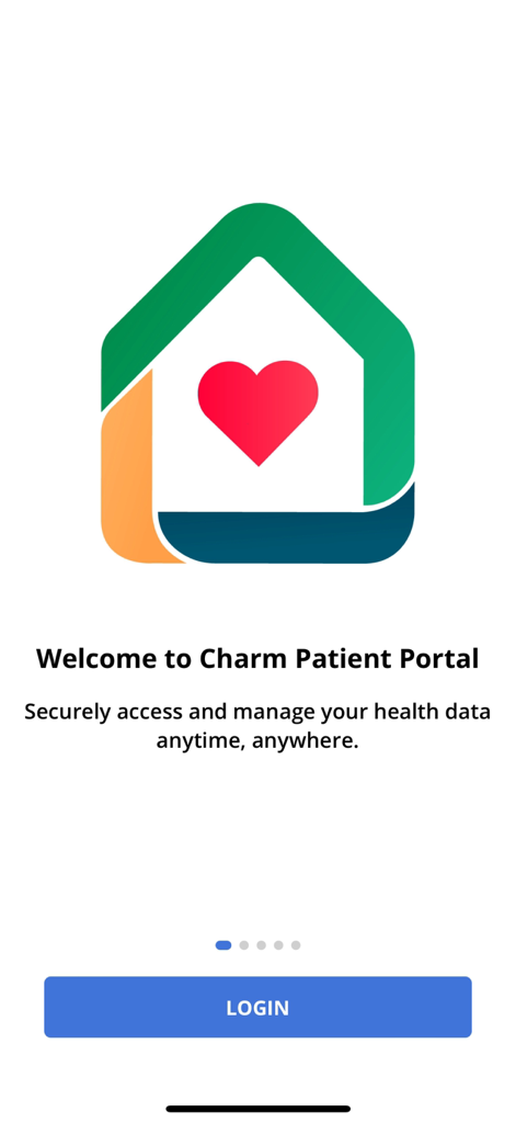 Charm mPHR - Welcome screen of the Charm Patient Portal mobile app with login button and health icon.