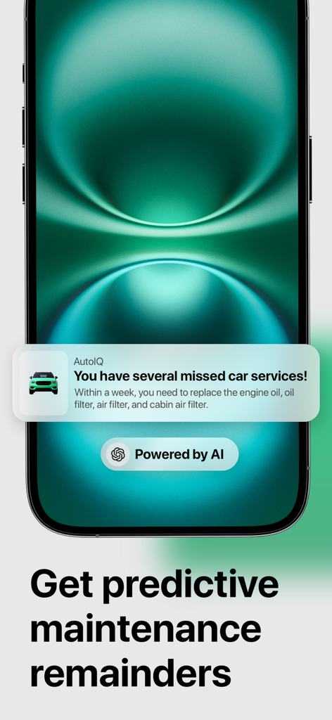 AutoIQ: Сar maintenance log - Una pantalla de smartphone que muestra una notificación de la aplicación AutoIQ para servicios de coche perdidos como cambios de aceite y filtro del motor con una insignia impulsada por IA.