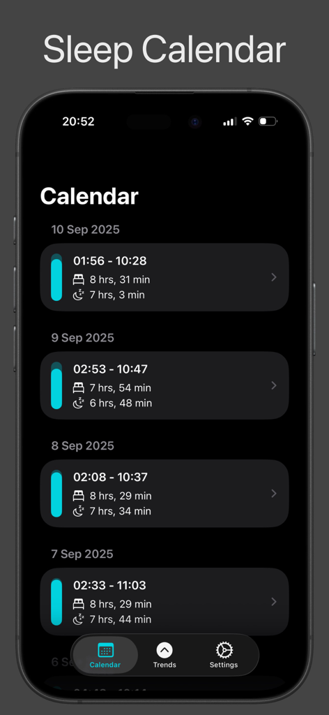 NapBot - Auto Sleep Tracker - Calendário de sono do aplicativo NapBot mostrando um histórico de logs de sono diários e duração