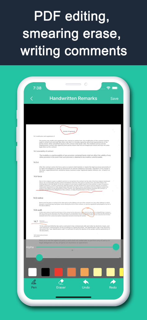 OmnScanner - PDF Scanner App - A mobile interface of OmnScanner showing handwritten annotations and PDF editing tools on a scanned document