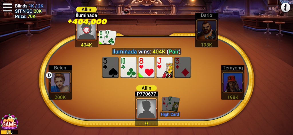 Poker & Slots - Poker Offline - Texas Holdem Poker offline game interface showing a winning hand at a virtual table.