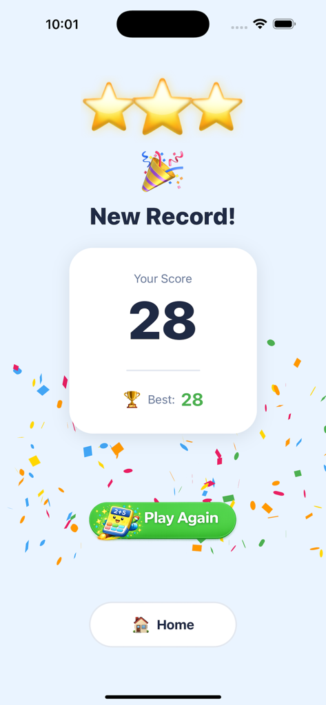 Math Sprint Arithmetic - Math Sprint Arithmetic app screen showing a new record score of 28 with three stars and celebratory confetti