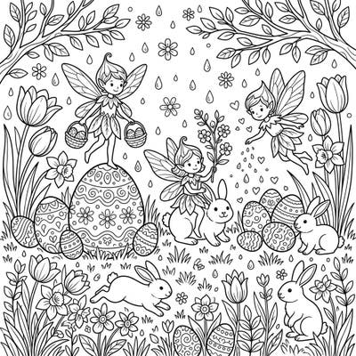 Dive into a magical spring adventure with our enchanting Dewdrop Fairies Easter coloring page, where tiny winged friends celebrate among cheerful bunnies and beautifully decorated eggs. This delightful scene captures the essence of spring's renewal and Easter joy, perfect for igniting creativity.