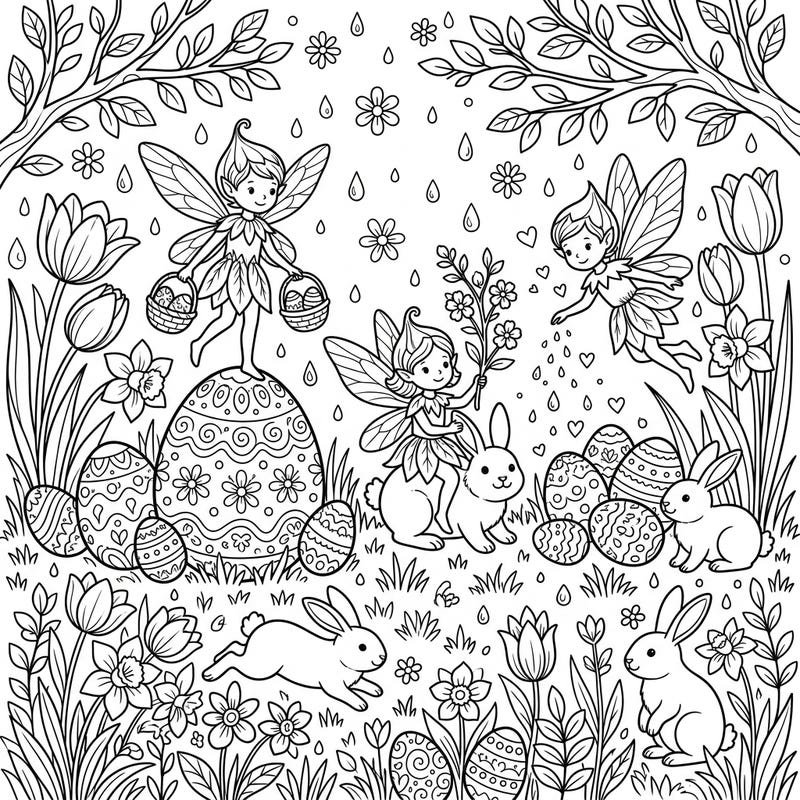 Dive into a magical spring adventure with our enchanting Dewdrop Fairies Easter coloring page, where tiny winged friends celebrate among cheerful bunnies and beautifully decorated eggs. This delightful scene captures the essence of spring's renewal and Easter joy, perfect for igniting creativity.