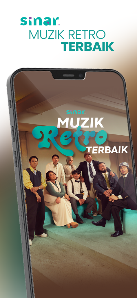 SINAR - Muzik Retro Terbaik - Smartphone screen of the SINAR radio app featuring retro music announcers