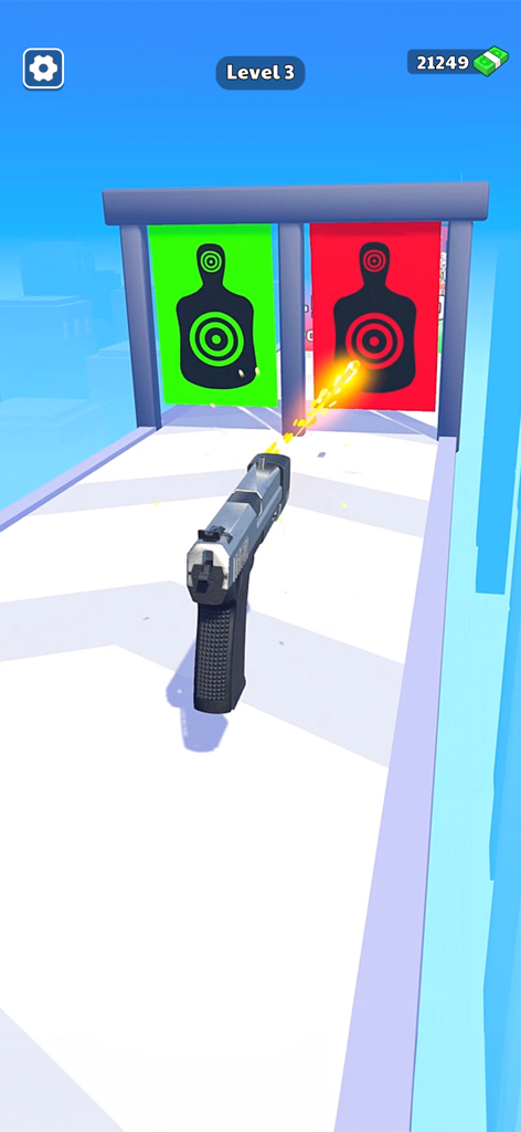 Uma pistola atirando em alvos no jogo mobile Weapon Master Gun Shooter Run