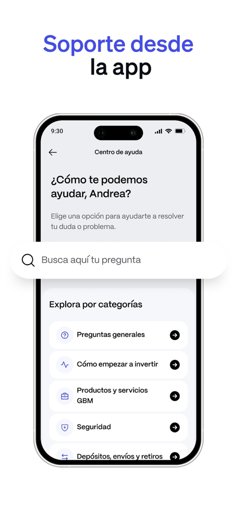 Mobile interface of the GBM investment app showing the help center and support options in Spanish