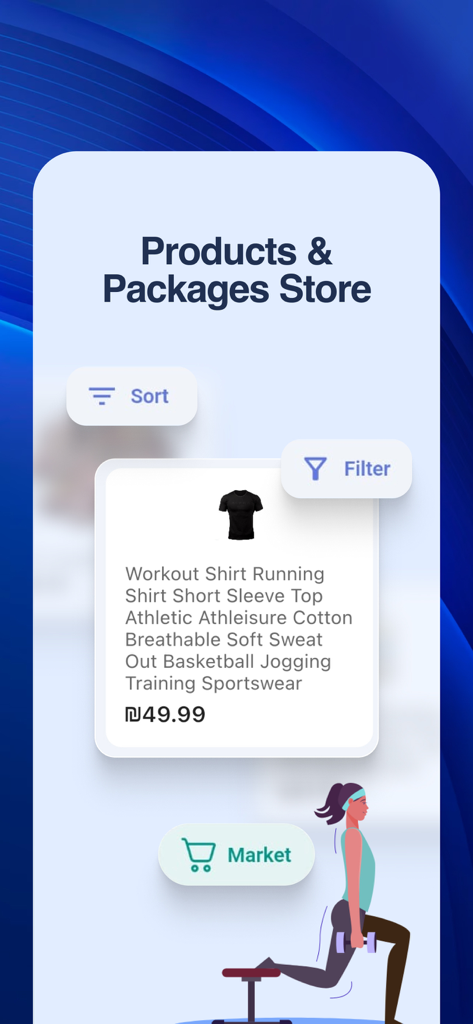 Fitx - App - Interface of the Fitx app showing a digital store for fitness products and packages featuring a workout shirt listing